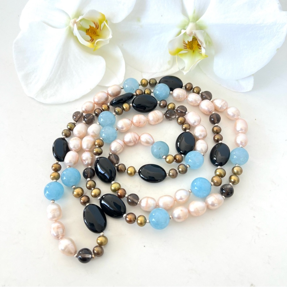 HANDMADE Vintage Natural Pearls w Multicolored Beads Classic Boho Long Necklace